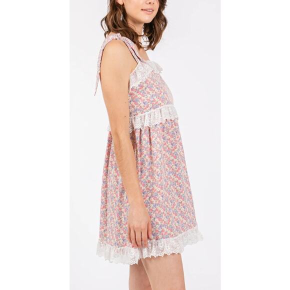 NWT La February Ditzy Floral Baby Doll Dress Small Lace Trim Pink Cottagecore - Picture 2 of 12